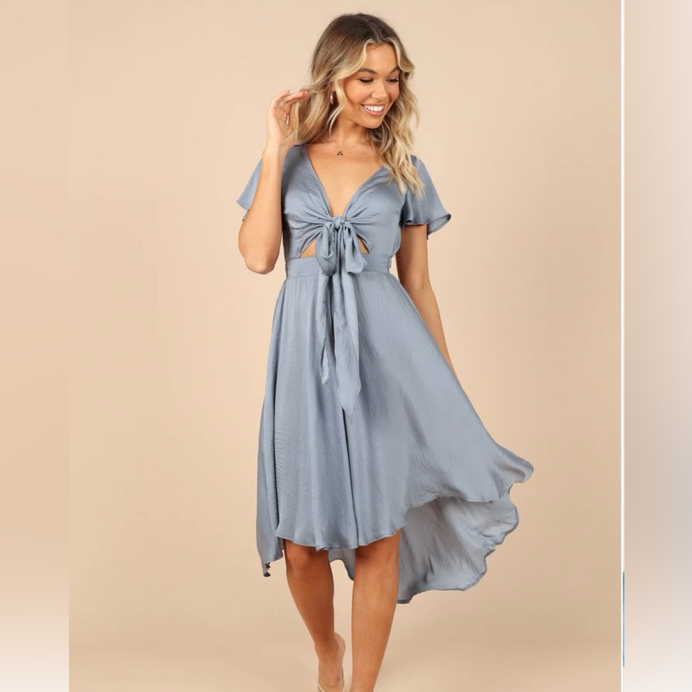 Petal + Pup brand new Amanda Hi Lo Tie Front Dress, blue wedding guest dress